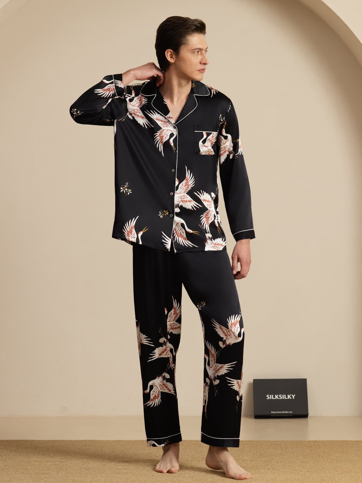 [Black] SilkSilky-UK 19Momme Long Sleeve Notch Collar Men's Pyjamas 007