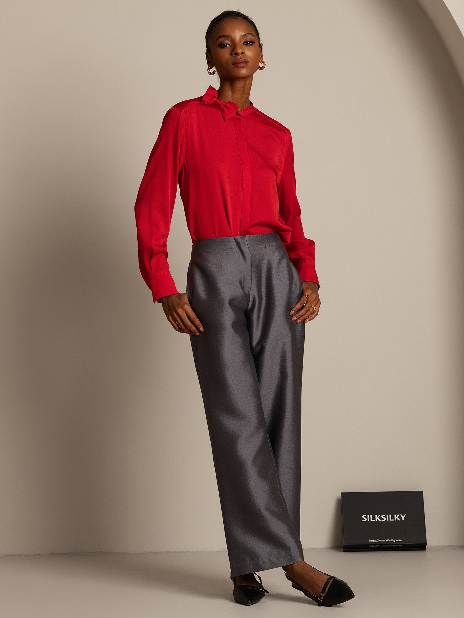 [Gray] SilkSilky-UK 32Momme Silk-Wool Blend Womens Pants 007,