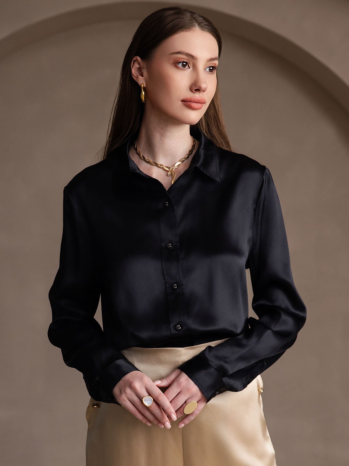 SilkSilky UK 19Momme Silk Long Sleeve Collar Women's Shirt Black 002