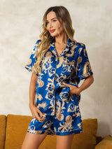 [Navy Dragon] SilkSilky-UK Short Sleeve Lapel Collar Women's Pyjamas 001
