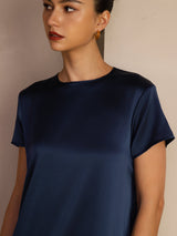 [Dark Blue] SilkSilky-UK Short Sleeve Round Neck Dress 004