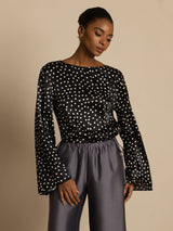 [Polka Dot] SilkSilky-UK 19Momme Silk Bell Sleeve Round Neck Blouse 004