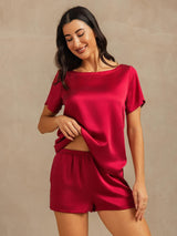 [Wine] SilkSilky-UK 19Momme Machine-Washable Silk Short Sleeve Round Neck Women's Pyjamas 008