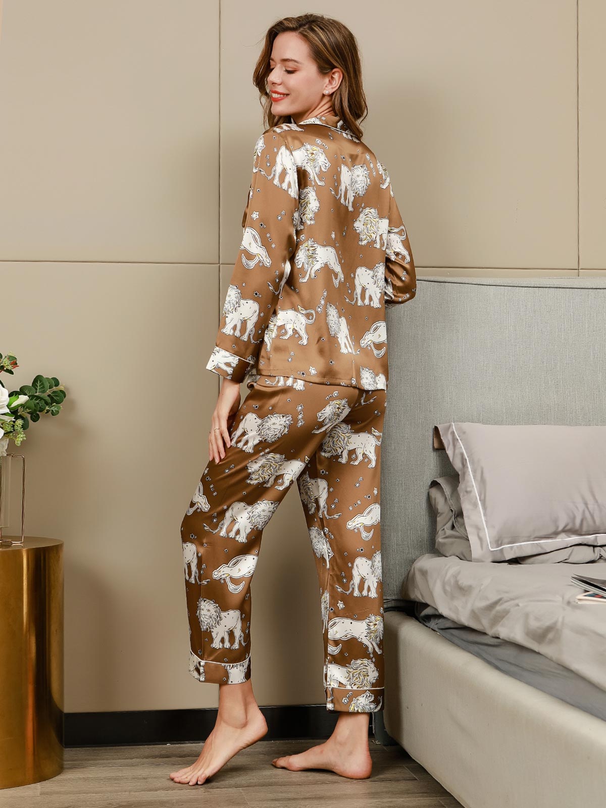 SilkSilky UK Silk Long Sleeve Womens Pajamas Tan 002