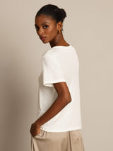 [White] SilkSilky-UK 100% Silk Jersey Short Sleeve Round Neck Women's T-Shirt 002