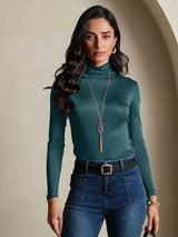 [Dark Green] SilkSilky-UK Silk Jersey Long Sleeve Turtle Neck Women's T-Shirt 001