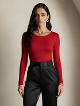 [Wine] SilkSilky-UK Silk Jersey Long Sleeve Round Neck Women's T-Shirt 003