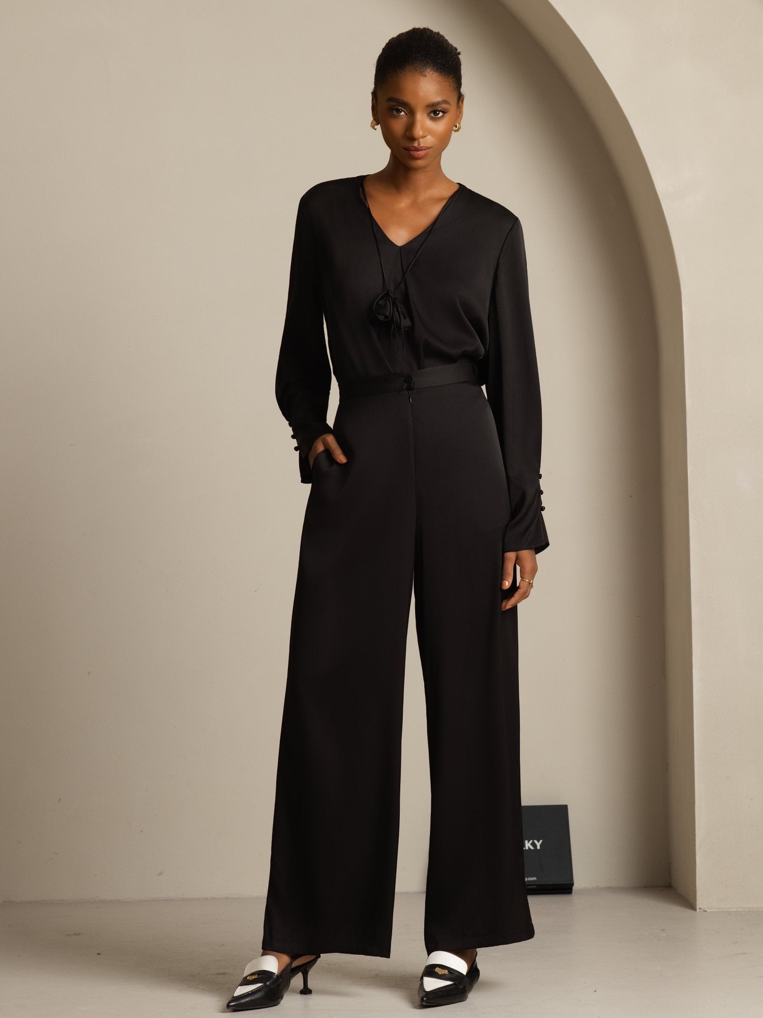 [Black] SilkSilky-UK 19Momme Stretch Silk Double Georgette Long Sleeve V Neck Blouse 007