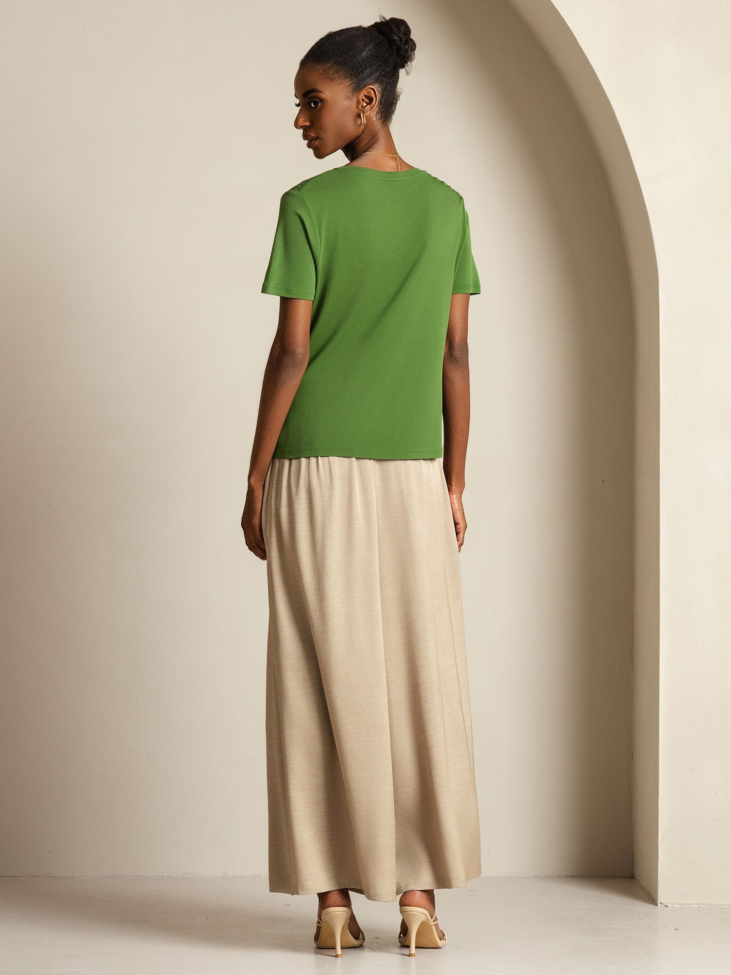 [Green] SilkSilky-UK Pure Silk V Neck Women's T-Shirt 002