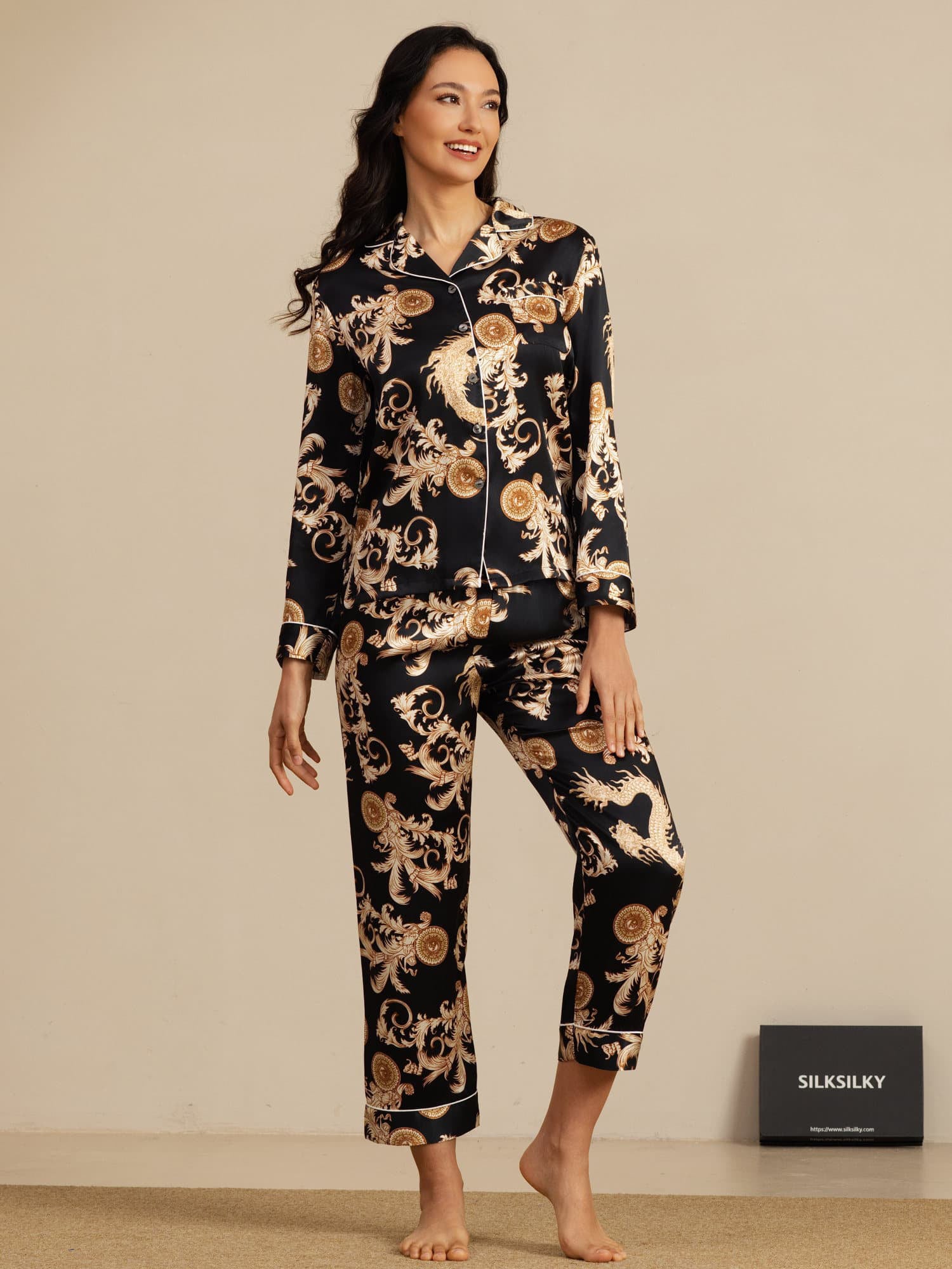 [Black Dragon] SilkSilky-UK Long Sleeve Notch Collar Women's Pyjamas 001