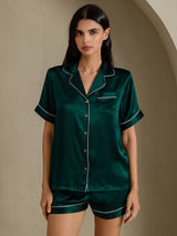 [Dark Green] SilkSilky-UK Short Sleeve Lapel Collar Women's Pyjamas 001
