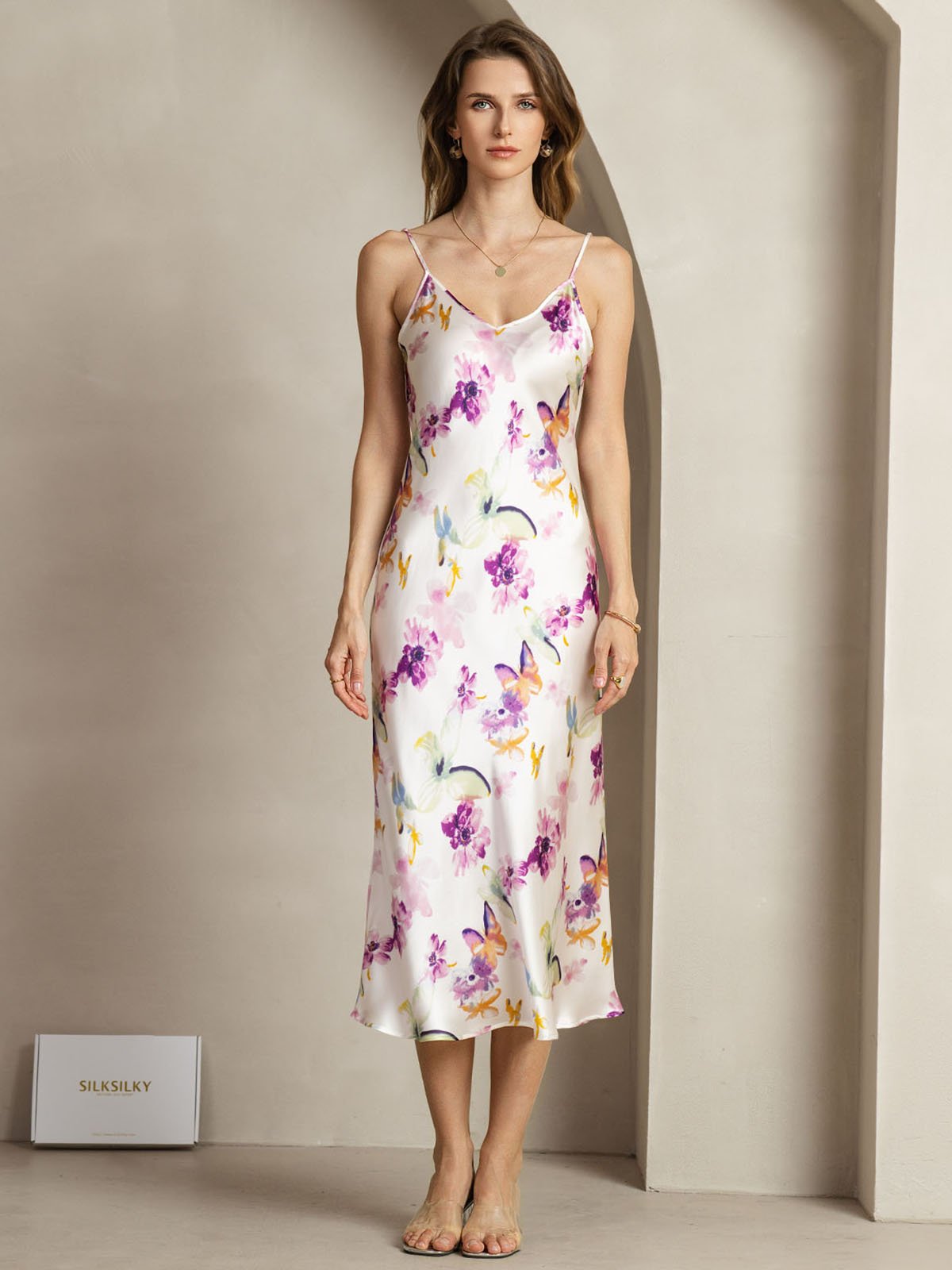 [Watercolor Floral] SilkSilky-UK 19Momme Silk V Neck Dress 001