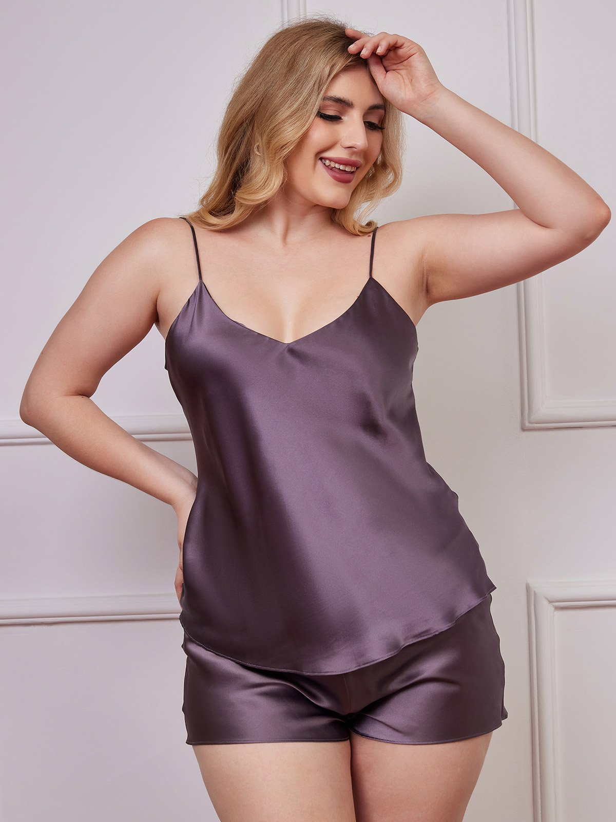 SilkSilky-UK Pure Silk V Neck Plus Size Camisole Set PurpleGray 003