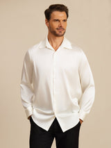 [White] SilkSilky-UK 19Momme Stretch Silk Charmeuse Long Sleeve Lapel Collar Men's Shirt 003