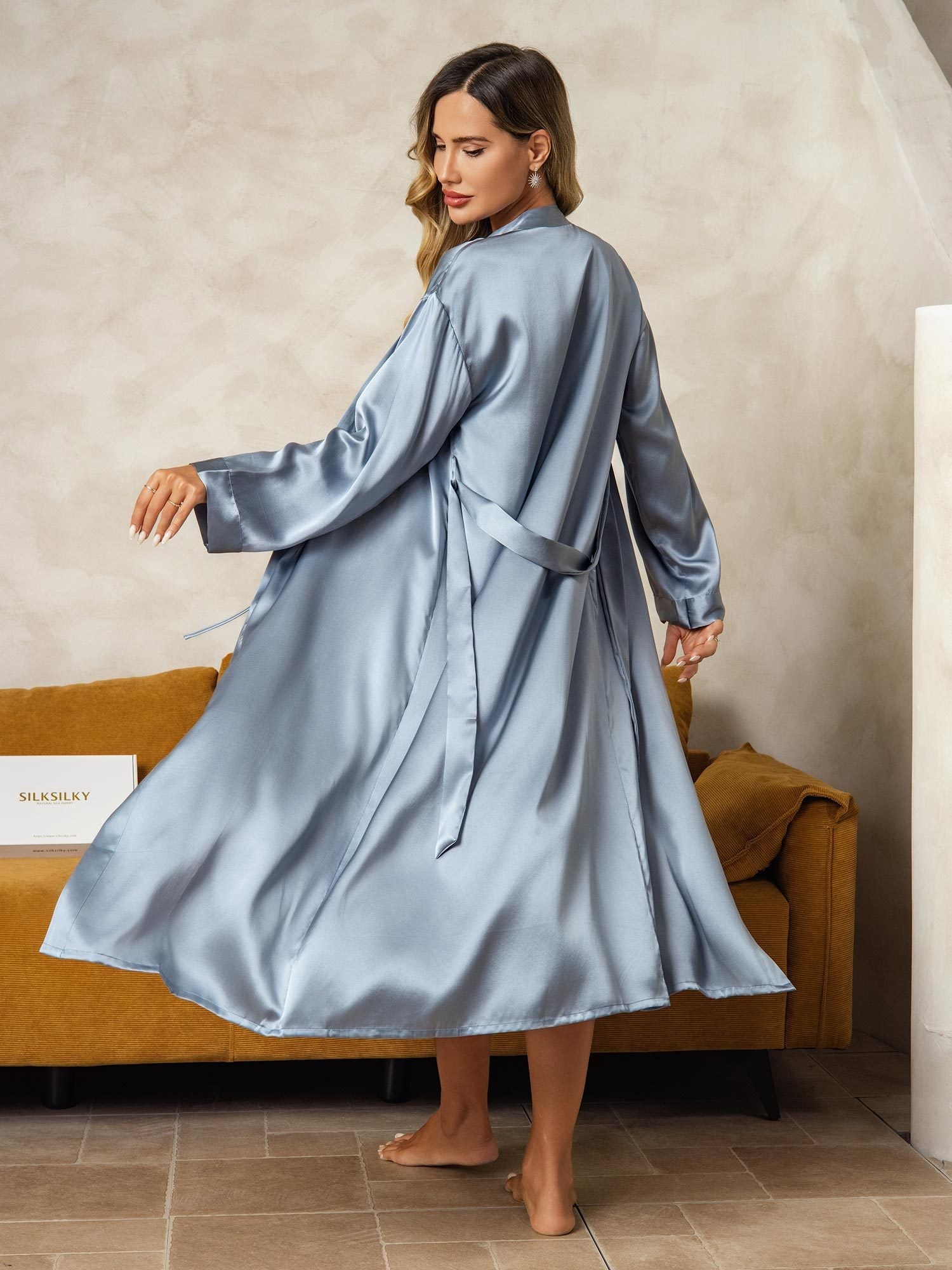 [Grayish Blue] SilkSilky-UK Pure Silk V Neck Nightdress&Dressing gowns 003