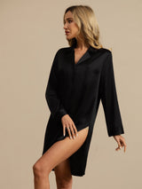 [Black] SilkSilky-UK Long Sleeve Lapel Collar Nightshirt 003