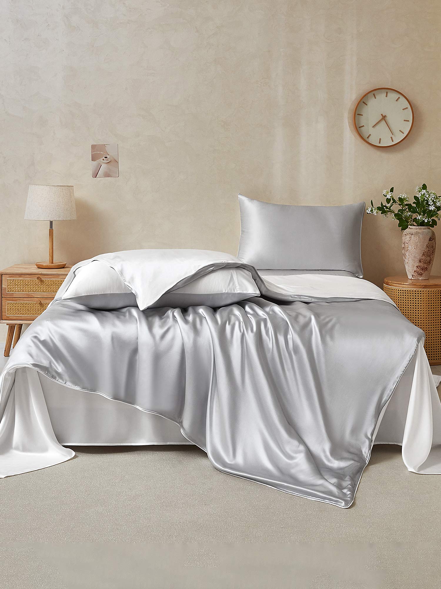 [LightGray+White] SilkSilky-UK 25Momme Pure Silk Bedding Set 002,