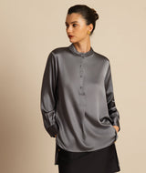 [Dark Gray] SilkSilky-UK 19Momme Stretch Silk Charmeuse Long Sleeve Stand Collar Blouse 003
