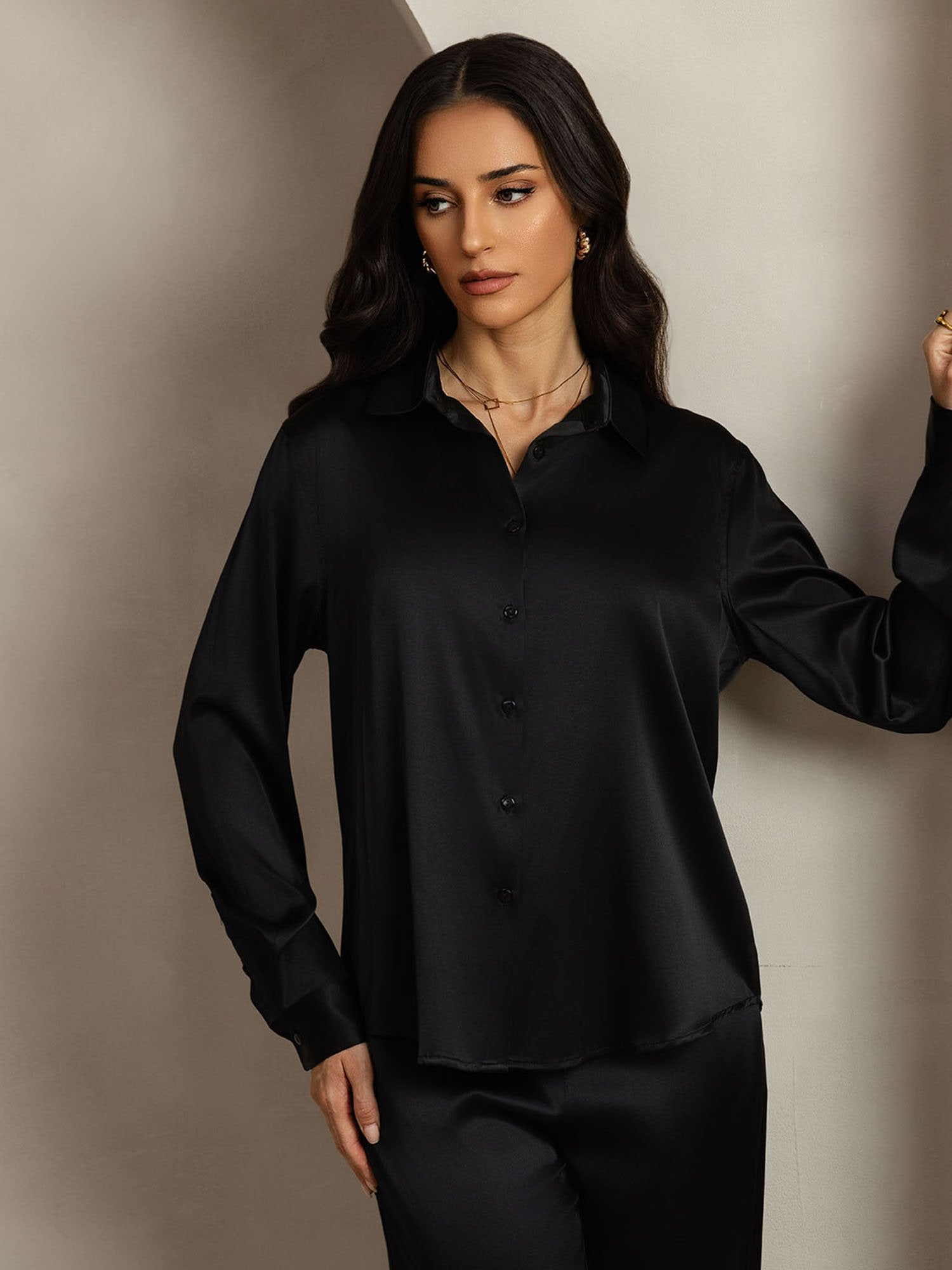 [Black] SilkSilky-UK 19Momme Silk Collar Women''s Outfit Sets 005