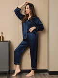 SilkSilky UK Pure Silk Long Sleeve Lapel Women's Pyjamas DarkBlue 001