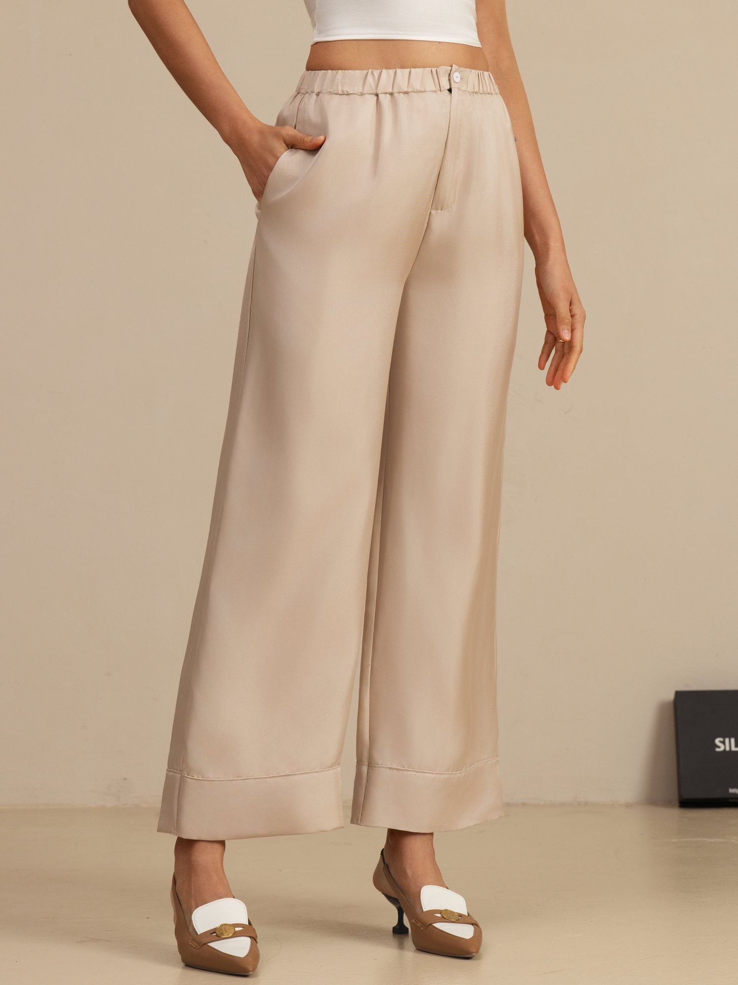 [Tan] SilkSilky-UK 18Momme Silk Satin Surah Womens Pants 001