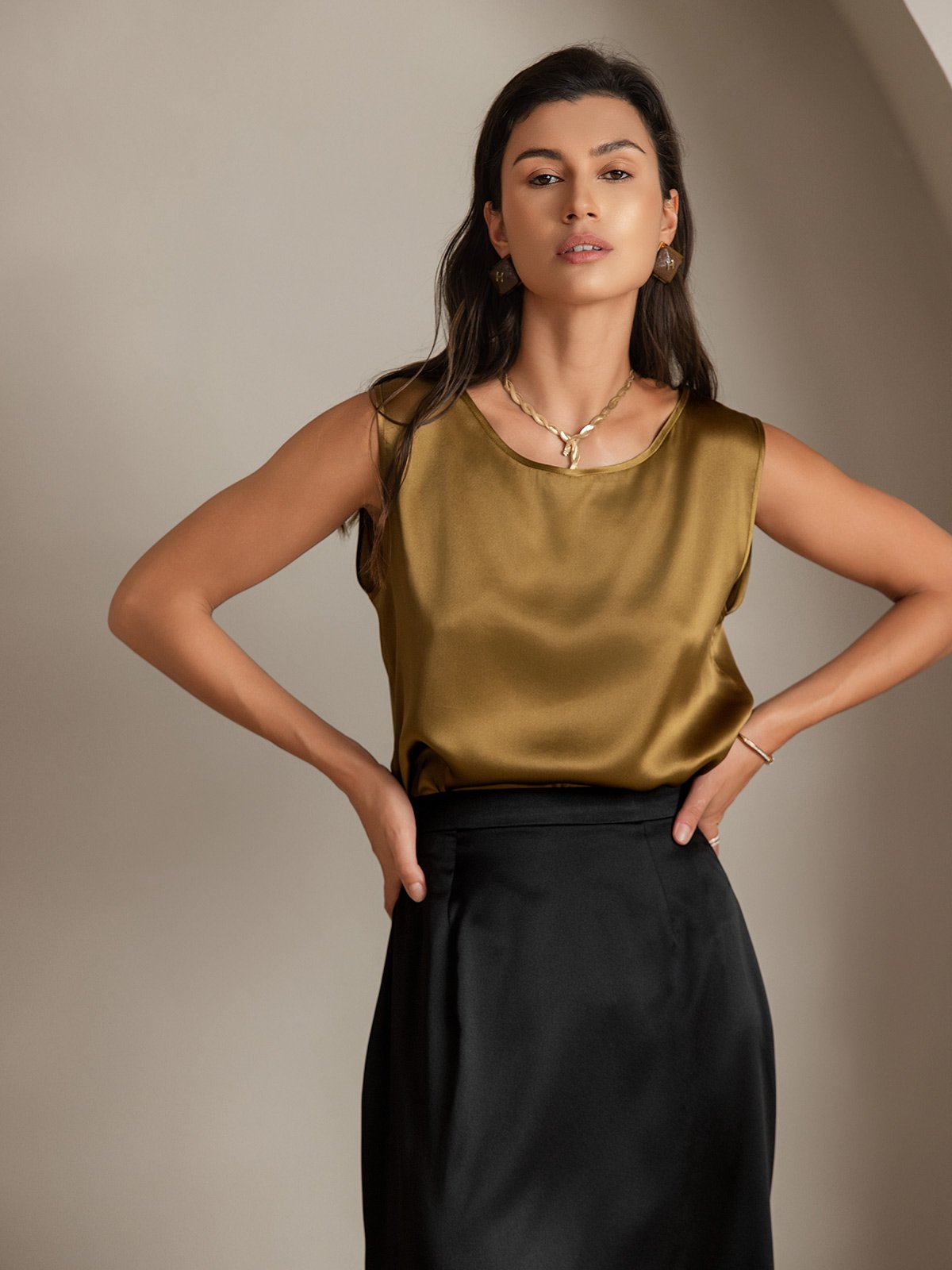 [Brown] SilkSilky-UK 19Momme Silk Round Neck Camisole 004