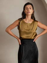 [Brown] SilkSilky-UK 19Momme Stretch Silk Charmeuse Sleeveless Round Neck Camisole 004