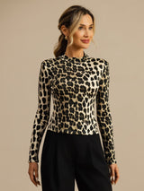[Leopard] SilkSilky-UK 100% Silk Jersey Long Sleeve Mock Neck Women's T-Shirt 001