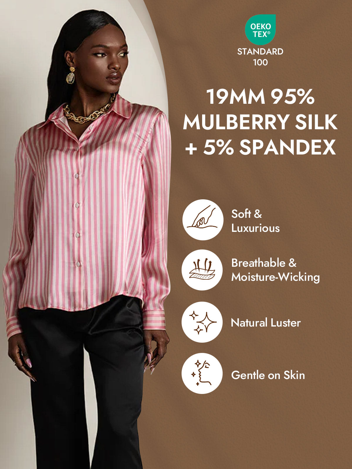 [Pink Stripe] SilkSilky-UK Silk Long Sleeve Collar Women's Shirt 004