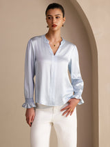 [Sky Blue] SilkSilky-UK Long Sleeve Split Women's Blouse 001