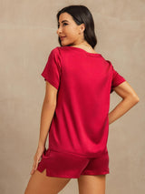 [Wine] SilkSilky-UK 19Momme Machine-Washable Silk Short Sleeve Round Neck Women's Pyjamas 002