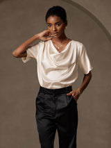 [Beige] SilkSilky-UK Short Sleeve Cowl Neck Women's Blouse 004