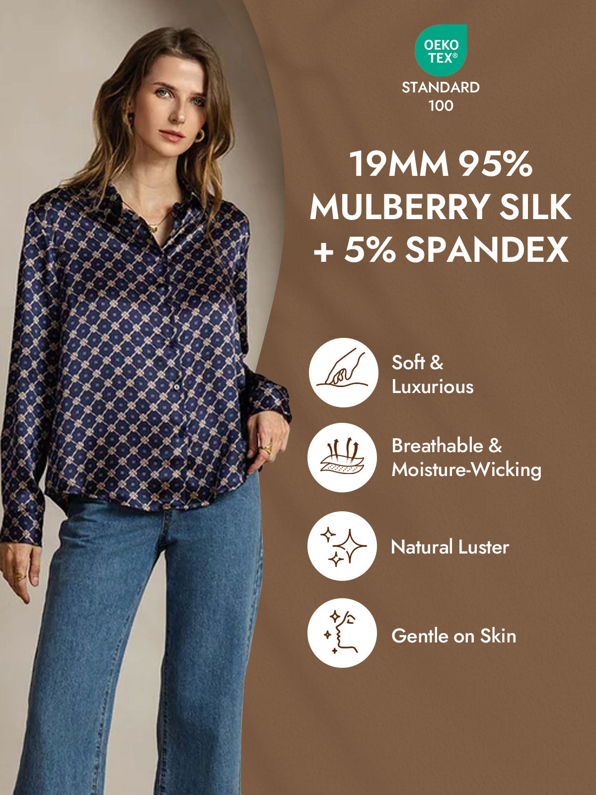 [Navy Chain] SilkSilky-UK Silk Long Sleeve Collar Women's Shirt 004