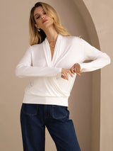 [White] SilkSilky-UK Long Sleeve Wrap Women's Blouse 003