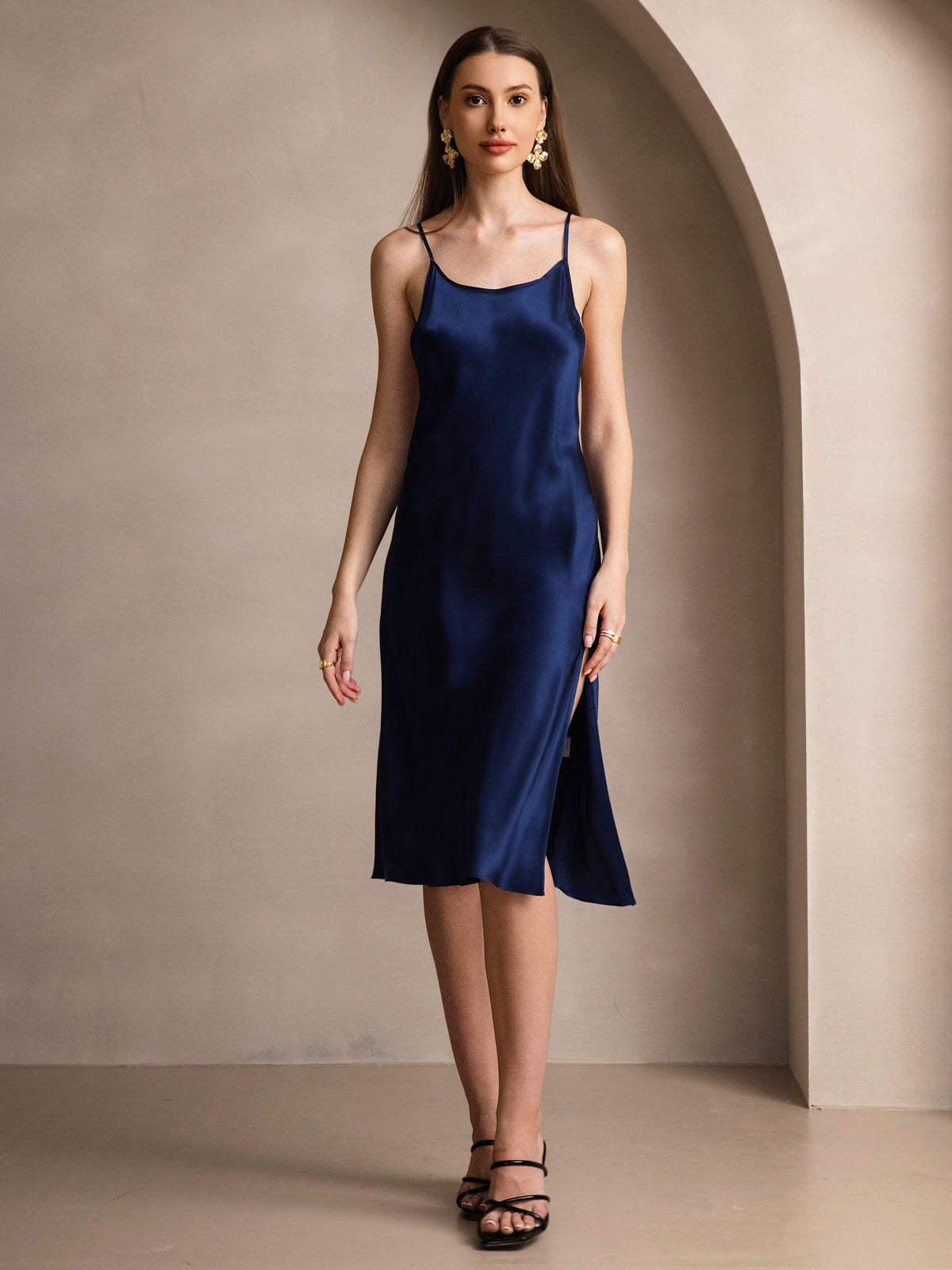 [Dark Blue] SilkSilky-UK Pure Silk Round Neck Dress 003