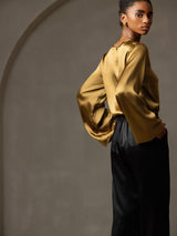 [Brown] SilkSilky-UK Long Sleeve Boat Neck Blouse 006