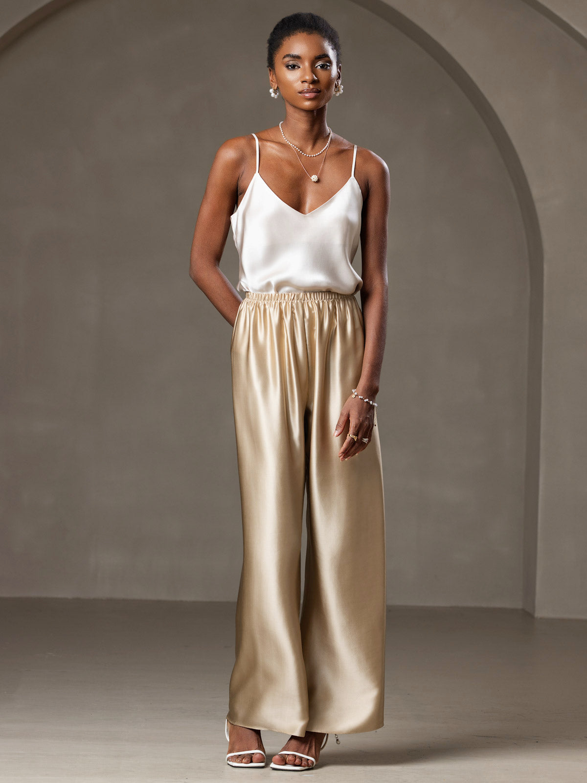[Beige] SilkSilky-UK Pure Silk V Neck Camisole 007