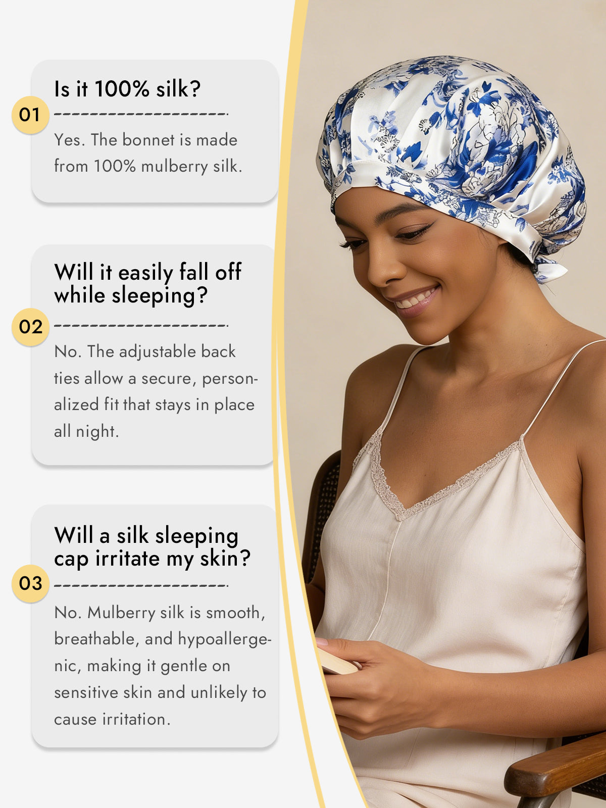 [Blue and White Porcelain] SilkSilky-UK Pure Silk Sleep Cap 006