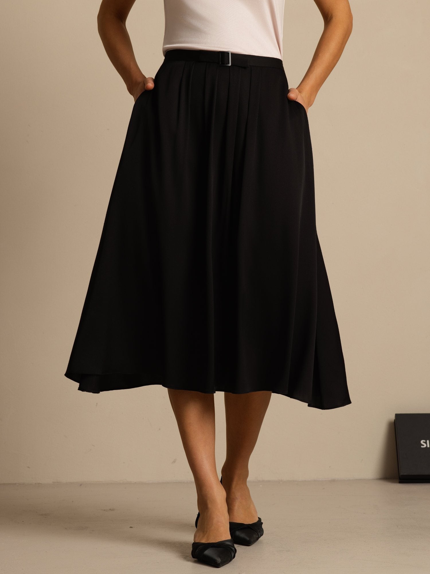 [Black] SilkSilky-UK 19Momme Stretch Silk Double Georgette Skirt 001