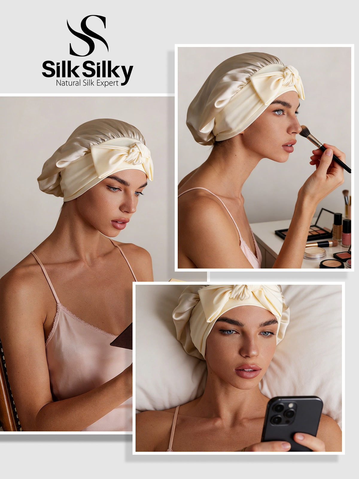 [Beige] SilkSilky-UK Pure Silk Sleep Cap 005
