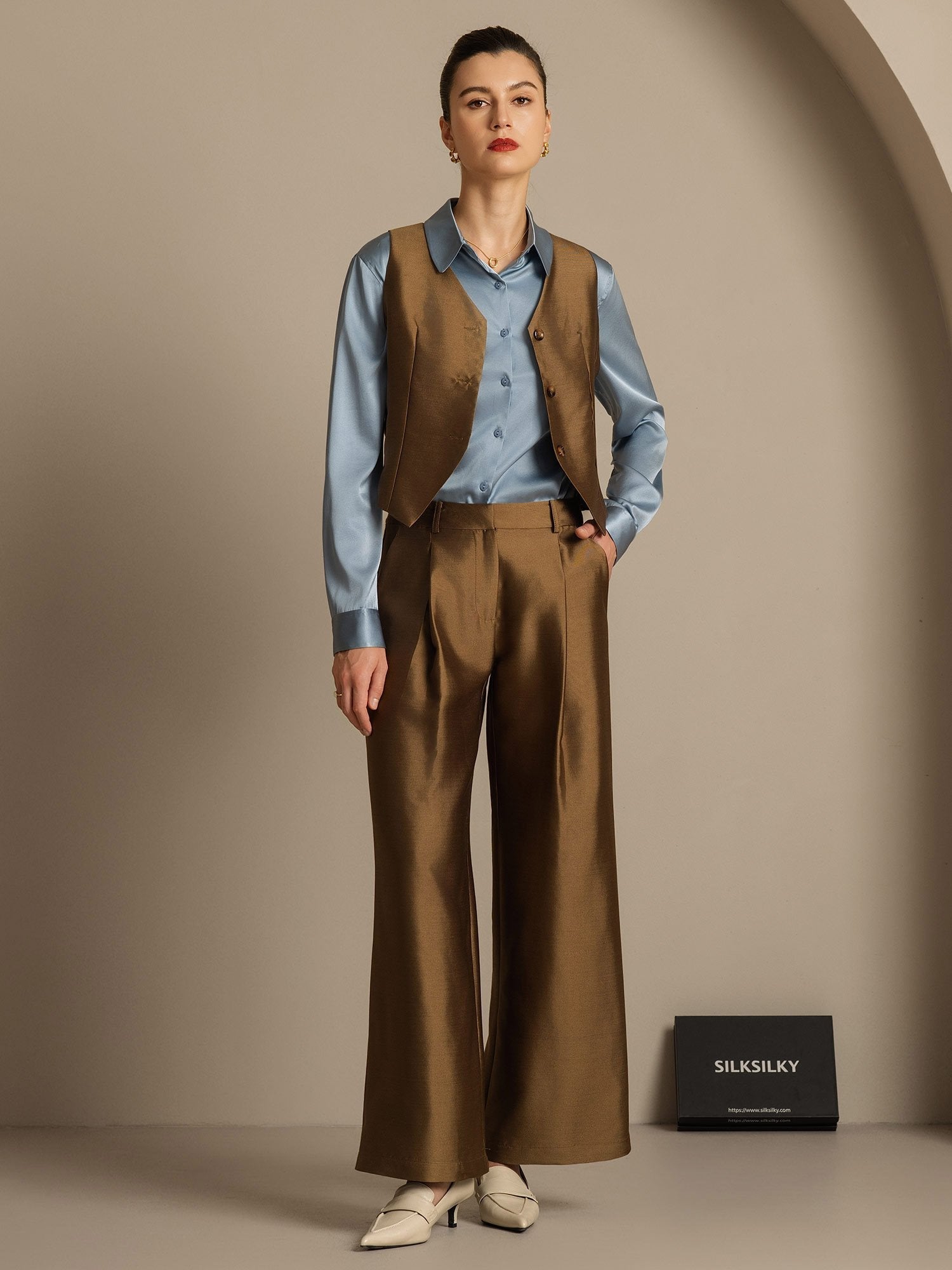 [Bronze] SilkSilky-UK 32Momme Silk-Wool Blend Womens Pants 008,