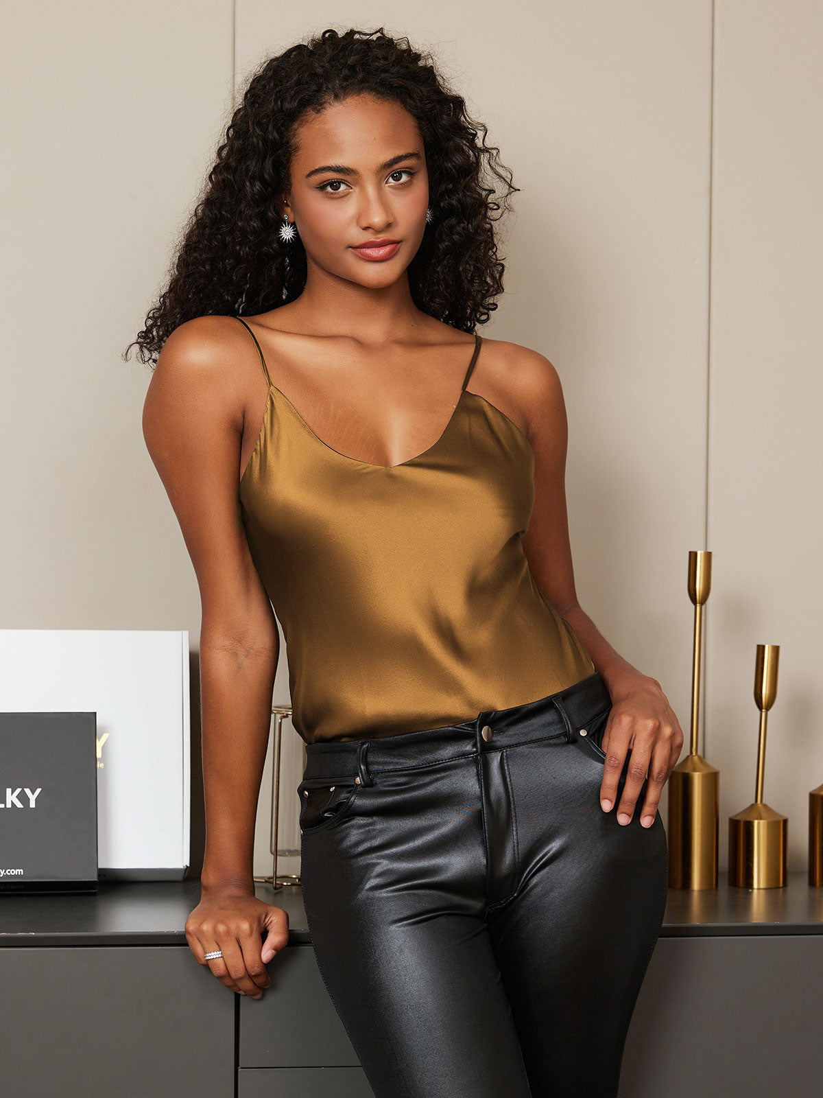 [Coffee] SilkSilky-UK Pure Silk Sleeveless V Neck Camisole 003