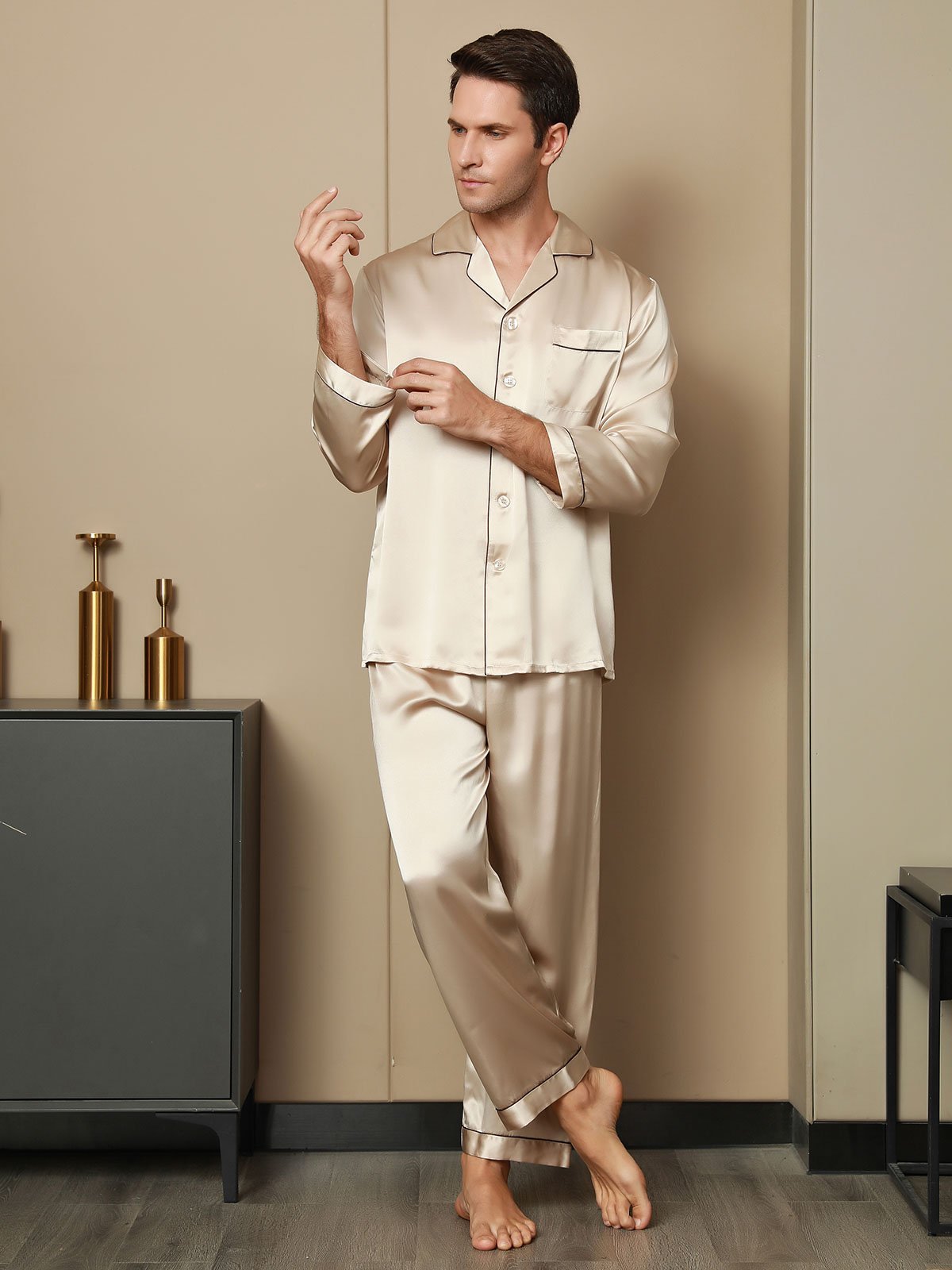 SilkSilky-UK Pure Silk Long Sleeve Lapel Men's Pyjamas Tan 006