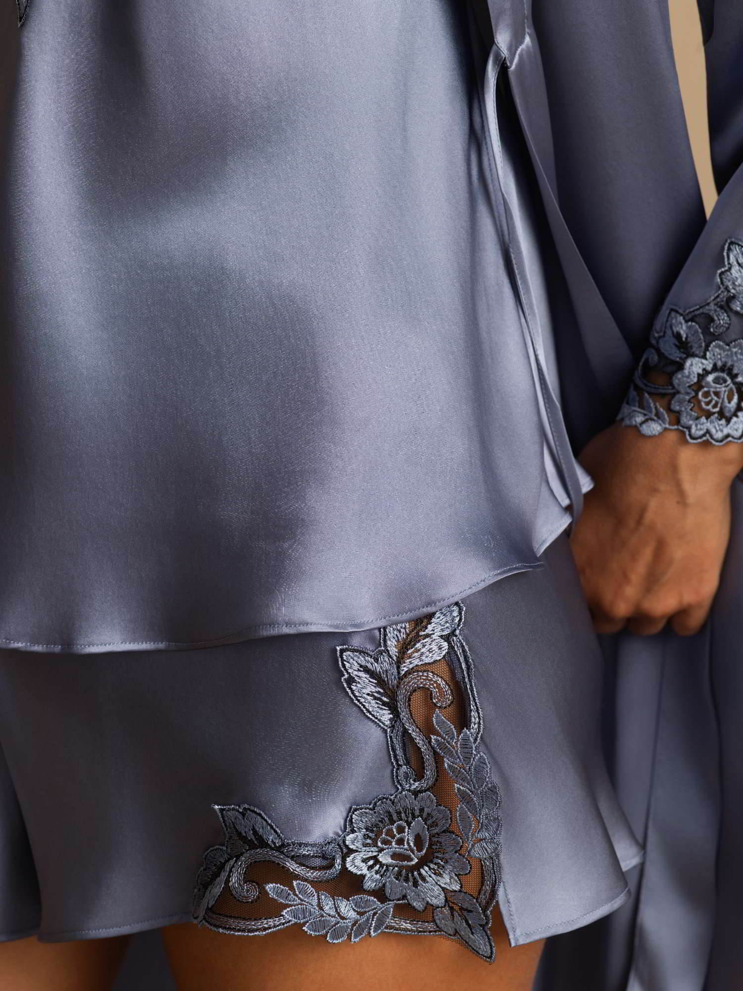 [Steel Blue] SilkSilky-UK Pure Silk 3/4 Sleeve V Neck Women's Pyjamas 005