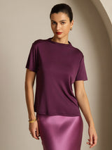 [Purple] SilkSilky-UK Silk Knitted Short Sleeve Mock Neck Women's T-Shirt 005