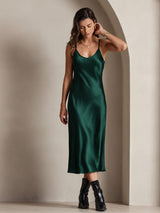 [Dark Green] SilkSilky-UK Spaghetti Strap V Neck Dress 004