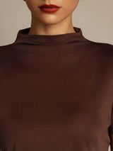 [Coffee] SilkSilky-UK Silk Knitted Short Sleeve Mock Neck Women's T-Shirt 004