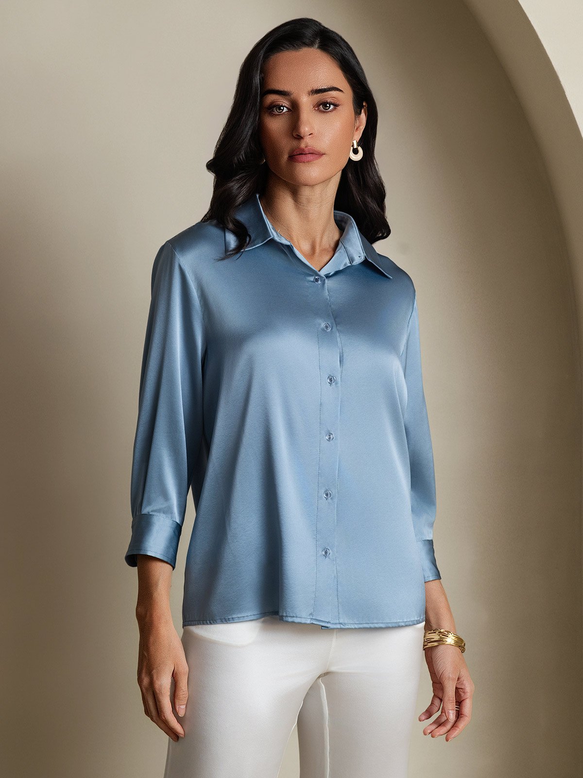 [Grayish Blue] SilkSilky-UK 19Momme Silk Lapel Collar Women's Shirt 004