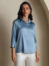 [Grayish Blue] SilkSilky-UK 19Momme Stretch Silk Charmeuse 3/4 Sleeve Lapel Collar Women's Shirt 004