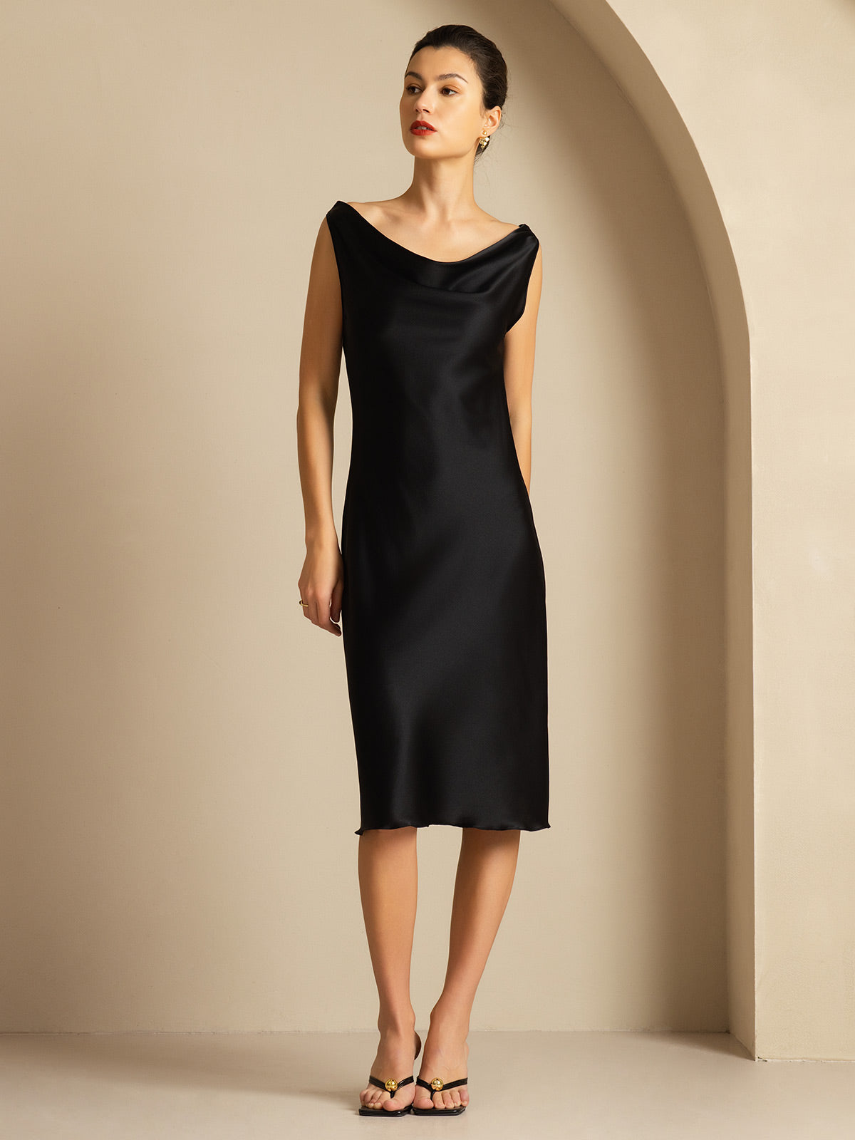 [Black] SilkSilky-UK 19Momme Silk Cowl Neck Dress 005